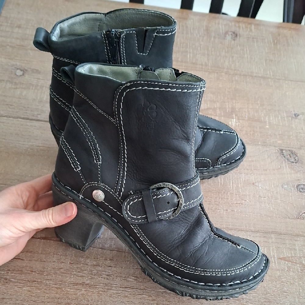 Josef Seibel Matte Black Heeled Ankle Boots with Buckle (Size EU 38; US 7.5)